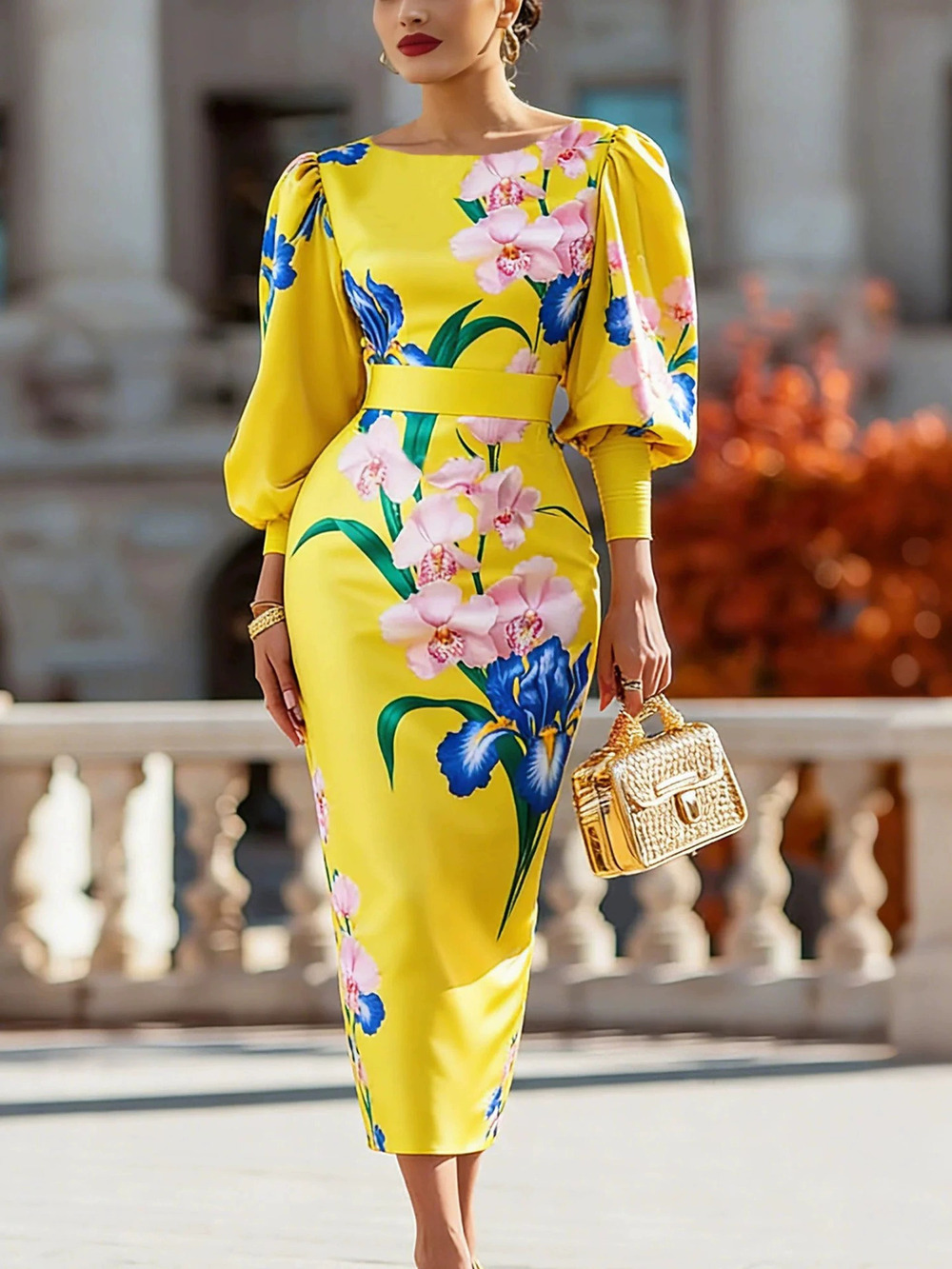 ZARA Yellow Floral Print Boat Neck Puff Sleeve Bodycon Midi Dress - Picture 3 of 6
